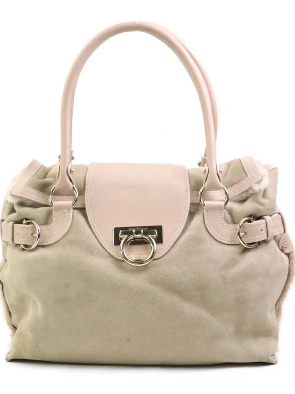 Auth Salvatore Ferragamo Shoulder Bag Beige/Pink Beige Mutton fur - Picture 1 of 16